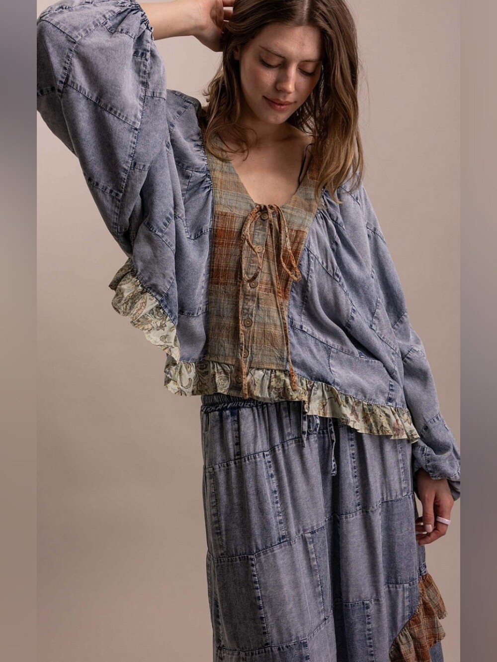 #1868 Blue Velvet Prairie Soul Plaid Tie-Front Top